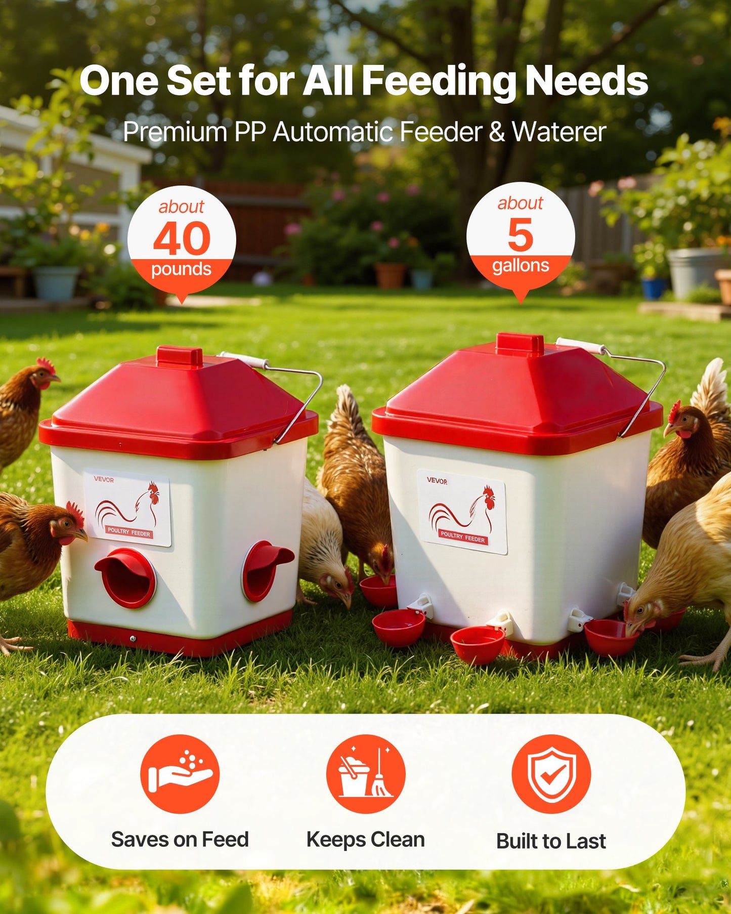 Automatic Chicken Feeder & Waterer Set, 19 L/18.14 kg, Rain Proof Hanging Poultry Feeder with Water Cup No Waste, Automatic Gravity, Avoid Small Animals, Suitable for Chicken, Duck, Turkey