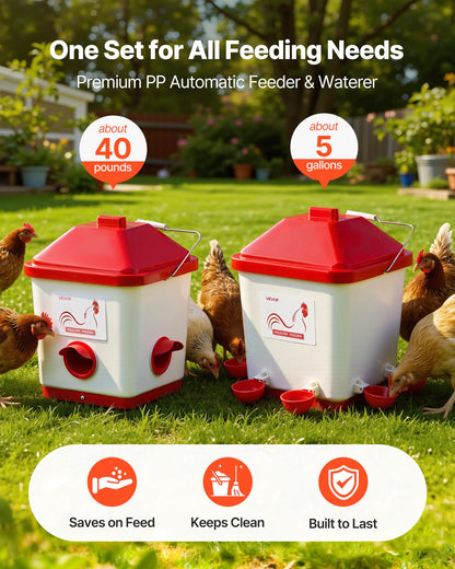 Automatic Chicken Feeder & Waterer Set, 19 L/18.14 kg, Rain Proof Hanging Poultry Feeder with Water Cup No Waste, Automatic Gravity, Avoid Small Animals, Suitable for Chicken, Duck, Turkey