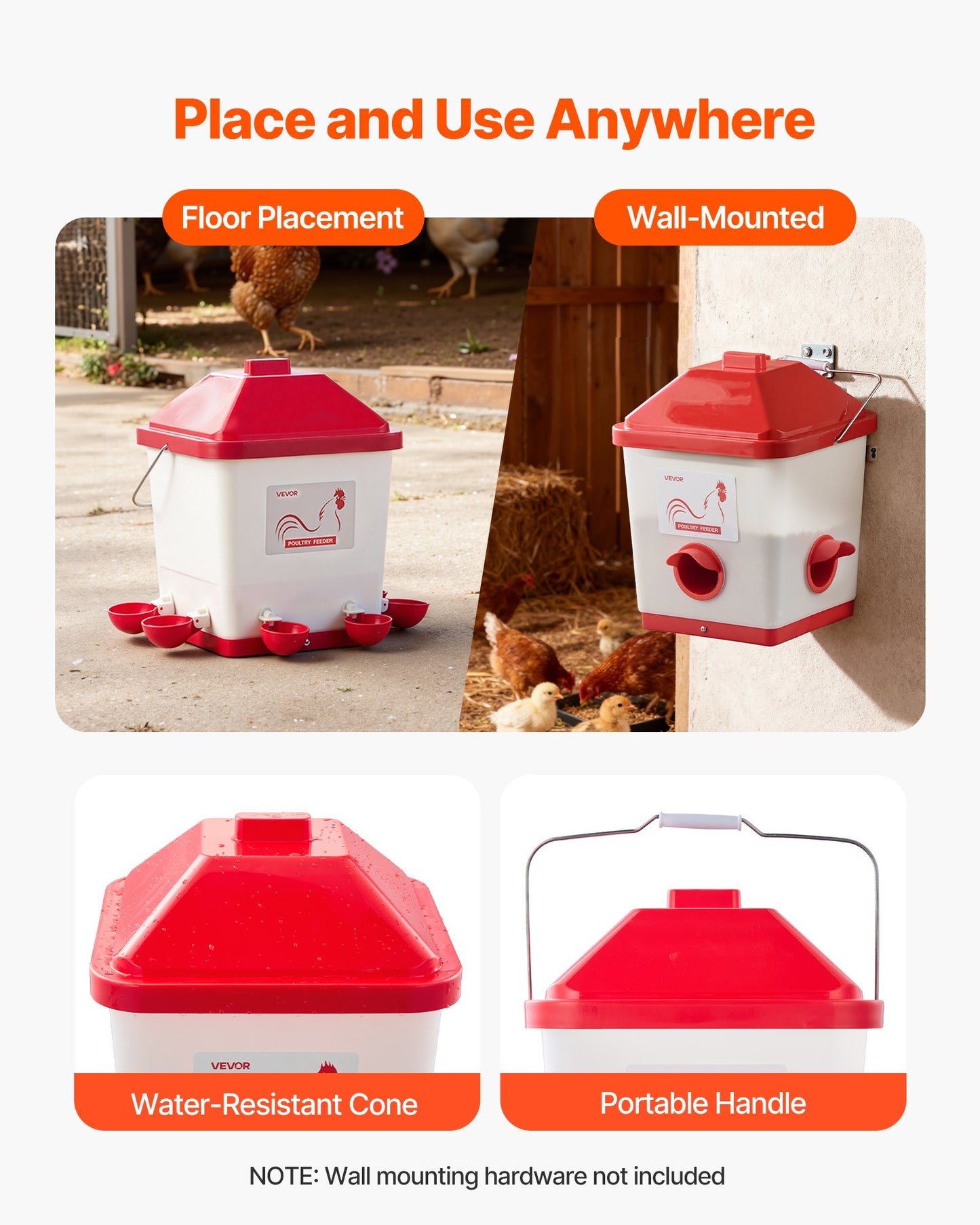 Automatic Chicken Feeder & Waterer Set, 19 L/18.14 kg, Rain Proof Hanging Poultry Feeder with Water Cup No Waste, Automatic Gravity, Avoid Small Animals, Suitable for Chicken, Duck, Turkey