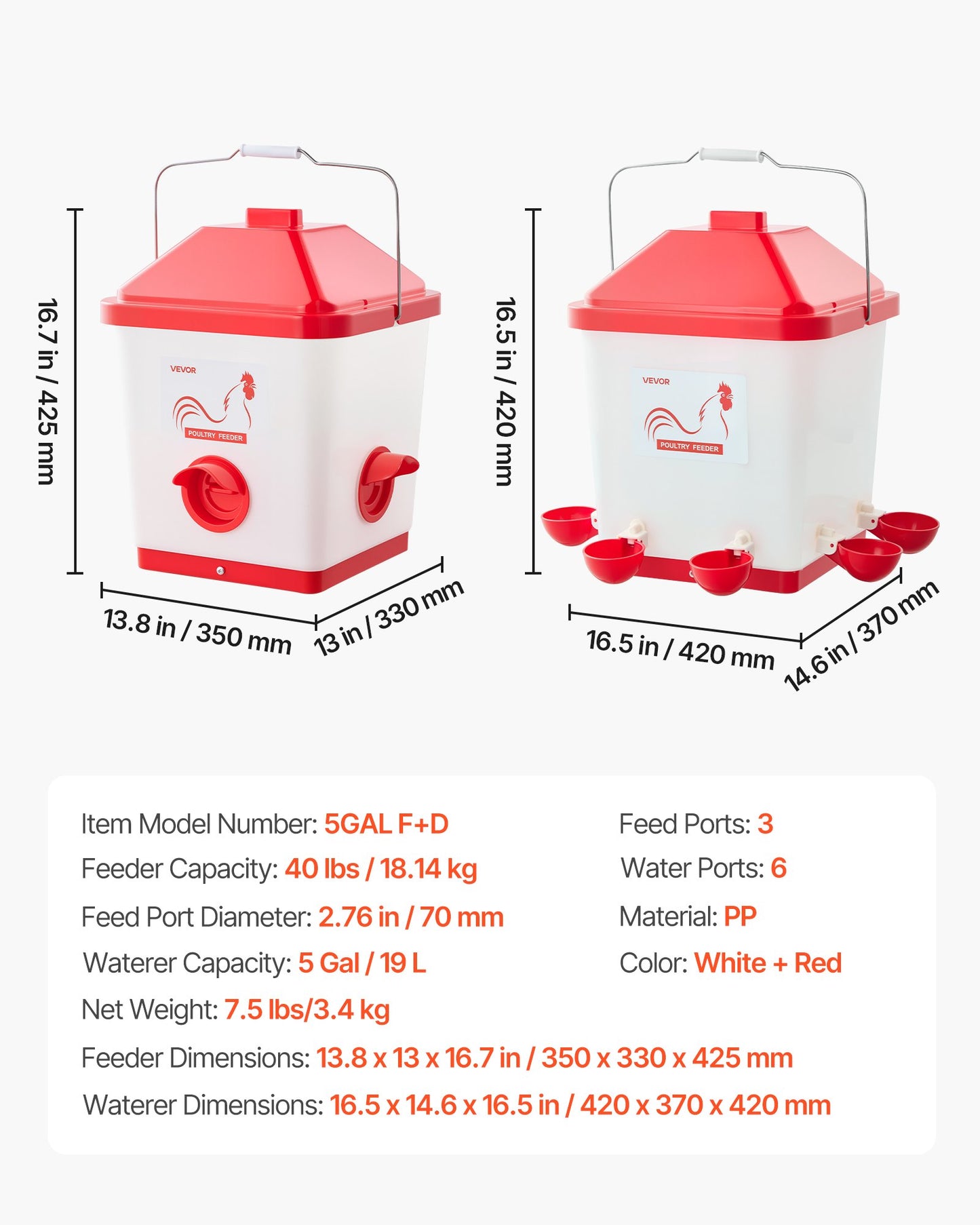 Automatic Chicken Feeder & Waterer Set, 19 L/18.14 kg, Rain Proof Hanging Poultry Feeder with Water Cup No Waste, Automatic Gravity, Avoid Small Animals, Suitable for Chicken, Duck, Turkey