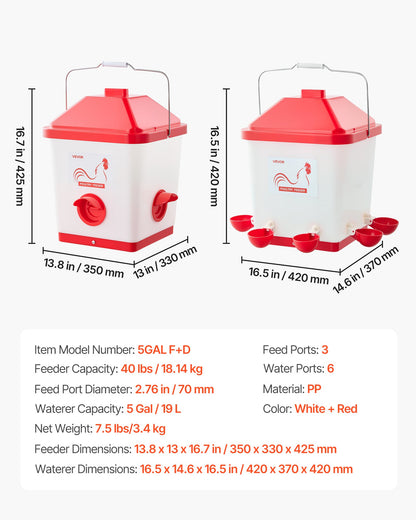 Automatic Chicken Feeder & Waterer Set, 19 L/18.14 kg, Rain Proof Hanging Poultry Feeder with Water Cup No Waste, Automatic Gravity, Avoid Small Animals, Suitable for Chicken, Duck, Turkey
