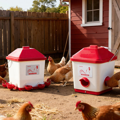 Automatic Chicken Feeder & Waterer Set, 19 L/18.14 kg, Rain Proof Hanging Poultry Feeder with Water Cup No Waste, Automatic Gravity, Avoid Small Animals, Suitable for Chicken, Duck, Turkey