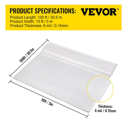 Clear UV-Proof Polyethylene Greenhouse Film, 3.05 x 30.5m, 6 mil Thickness
