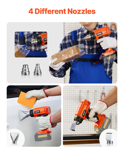 VEVOR Cordless Heat Gun Hot Air Gun with LED Light 6 Temperatures & 4 Nozzles