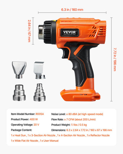 VEVOR Cordless Heat Gun Hot Air Gun with LED Light 6 Temperatures & 4 Nozzles
