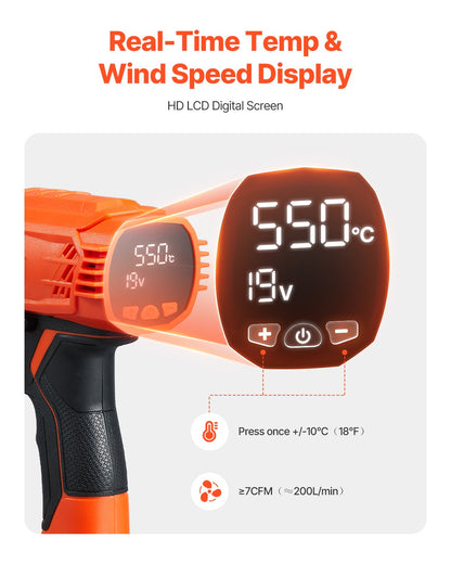 VEVOR Cordless Heat Gun Hot Air Gun with LCD Display Multi-Level Temp & 4 Nozzle