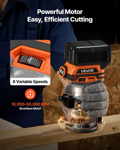Cordless Wood Router, Brushless Motor, Compact Variable Speed Palm Router with Fixed Base, Dust Hood, Edge Trimmer Tool for Woodworking, Compatible with Makita Batteries (Battery Not Included)