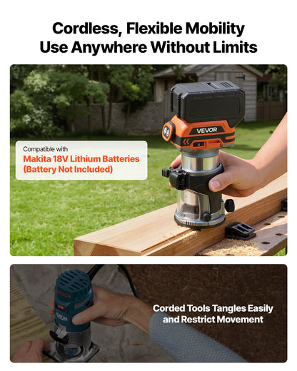 Cordless Wood Router, Brushless Motor, Compact Variable Speed Palm Router with Fixed Base, Dust Hood, Edge Trimmer Tool for Woodworking, Compatible with Makita Batteries (Battery Not Included)