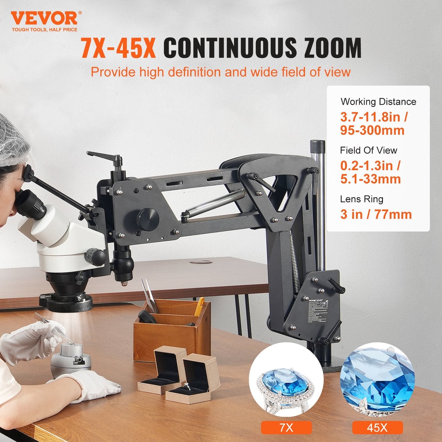 Multi-Directional Microscope with Spring Bracket and Ring Light, 7X-45X Magnification