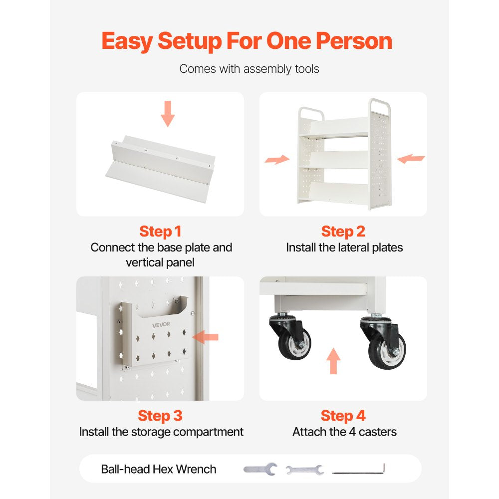3-Tier Rolling Book Cart Double Sided W-Shaped Shelves Book Truck in White