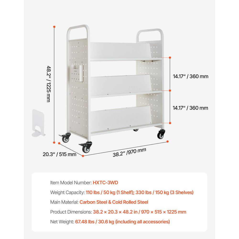 3-Tier Rolling Book Cart Double Sided W-Shaped Shelves Book Truck in White