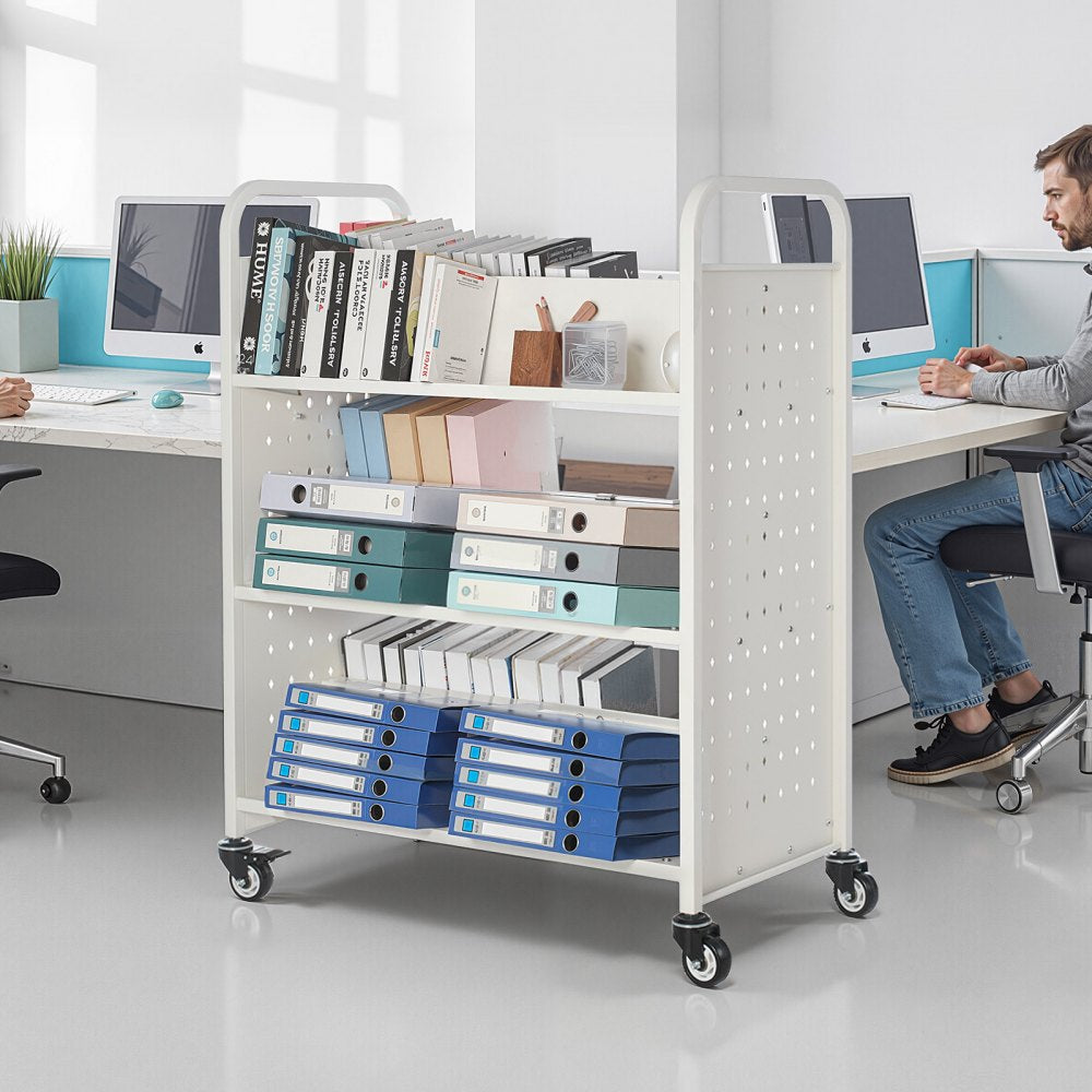 3-Tier Rolling Book Cart Double Sided W-Shaped Shelves Book Truck in White