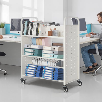3-Tier Rolling Book Cart Double Sided W-Shaped Shelves Book Truck in White
