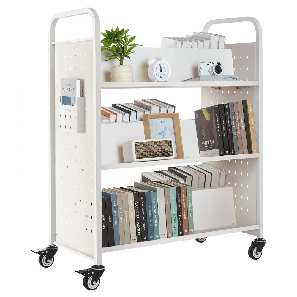 3-Tier Rolling Book Cart Double Sided W-Shaped Shelves Book Truck in White