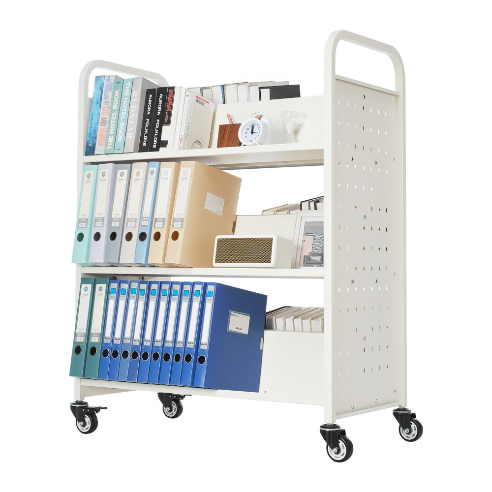 3-Tier Rolling Book Cart Double Sided W-Shaped Shelves Book Truck in White