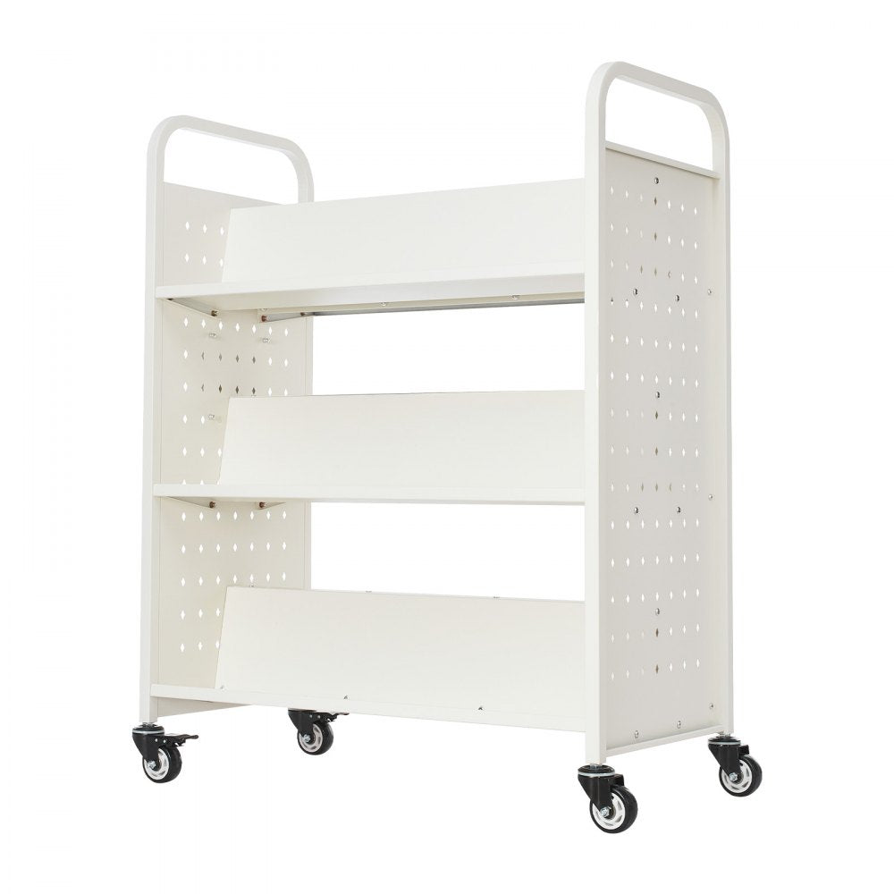 3-Tier Rolling Book Cart Double Sided W-Shaped Shelves Book Truck in White