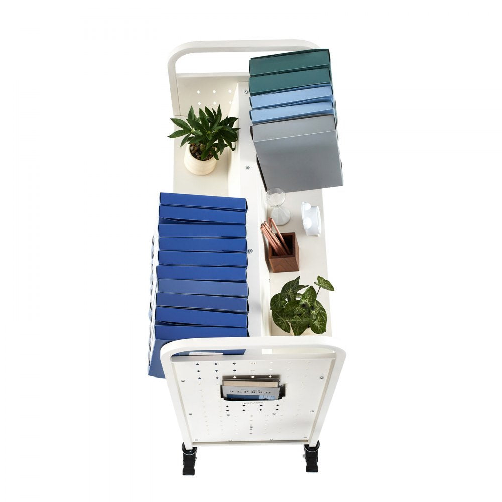 3-Tier Rolling Book Cart Double Sided W-Shaped Shelves Book Truck in White