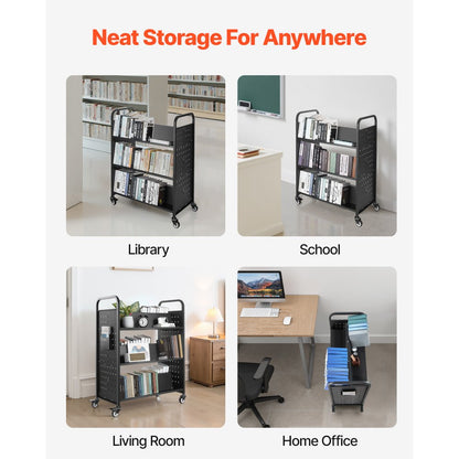 3-Tier Rolling Book Cart Double Sided W-Shaped Shelves Book Truck in Black