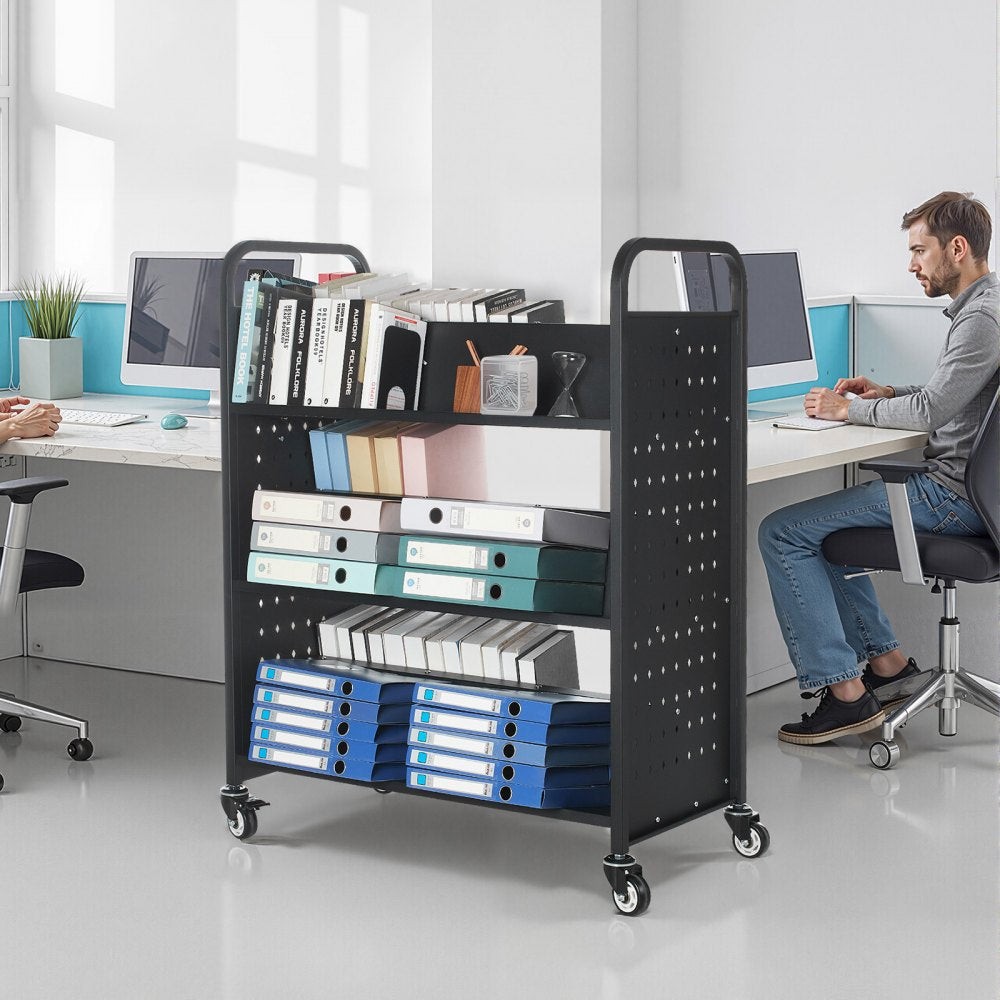 3-Tier Rolling Book Cart Double Sided W-Shaped Shelves Book Truck in Black