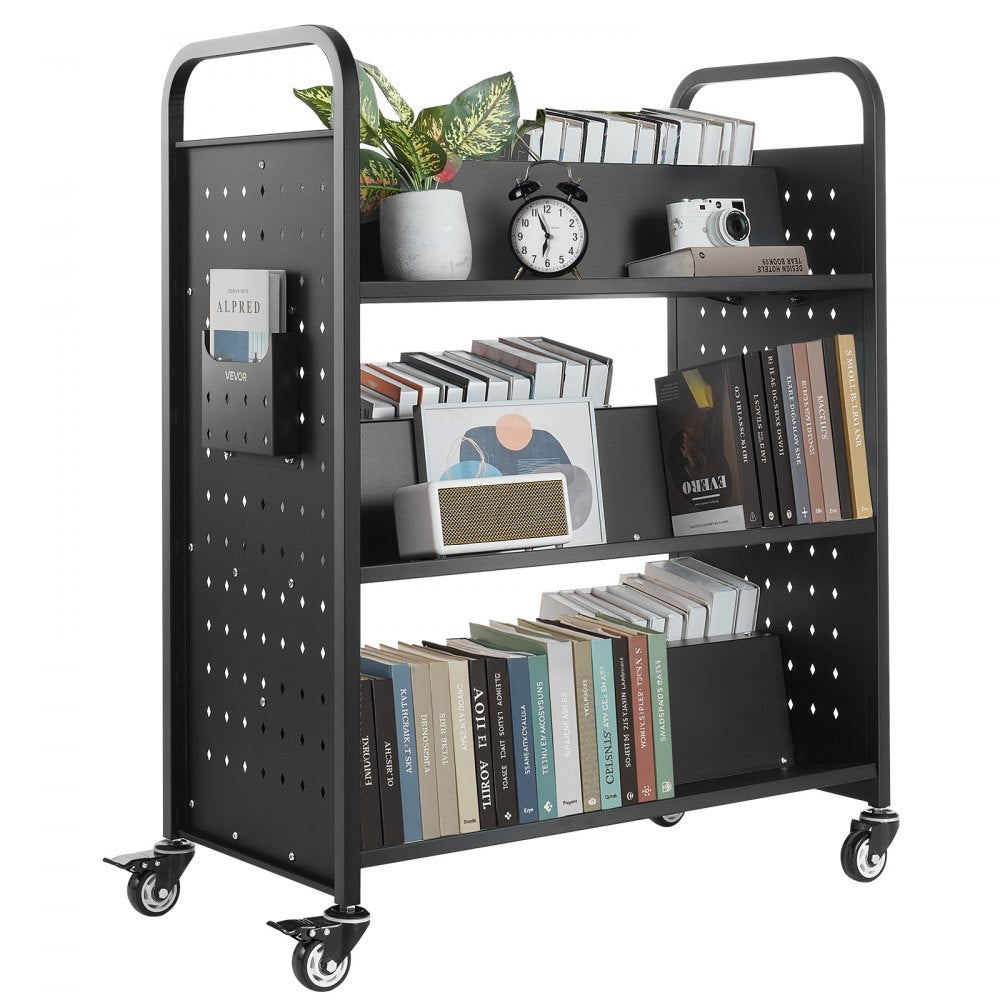 3-Tier Rolling Book Cart Double Sided W-Shaped Shelves Book Truck in Black