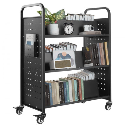 3-Tier Rolling Book Cart Double Sided W-Shaped Shelves Book Truck in Black