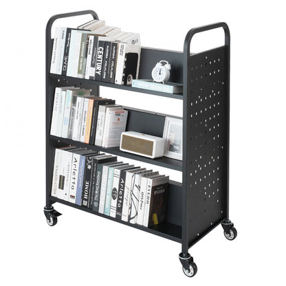 3-Tier Rolling Book Cart Double Sided W-Shaped Shelves Book Truck in Black