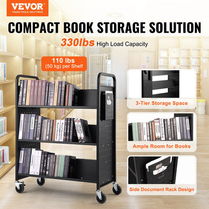 VEVOR Book Cart, 330 lbs Library Cart, 39.4" x 20.1" x 49.2" Rolling Book Cart,