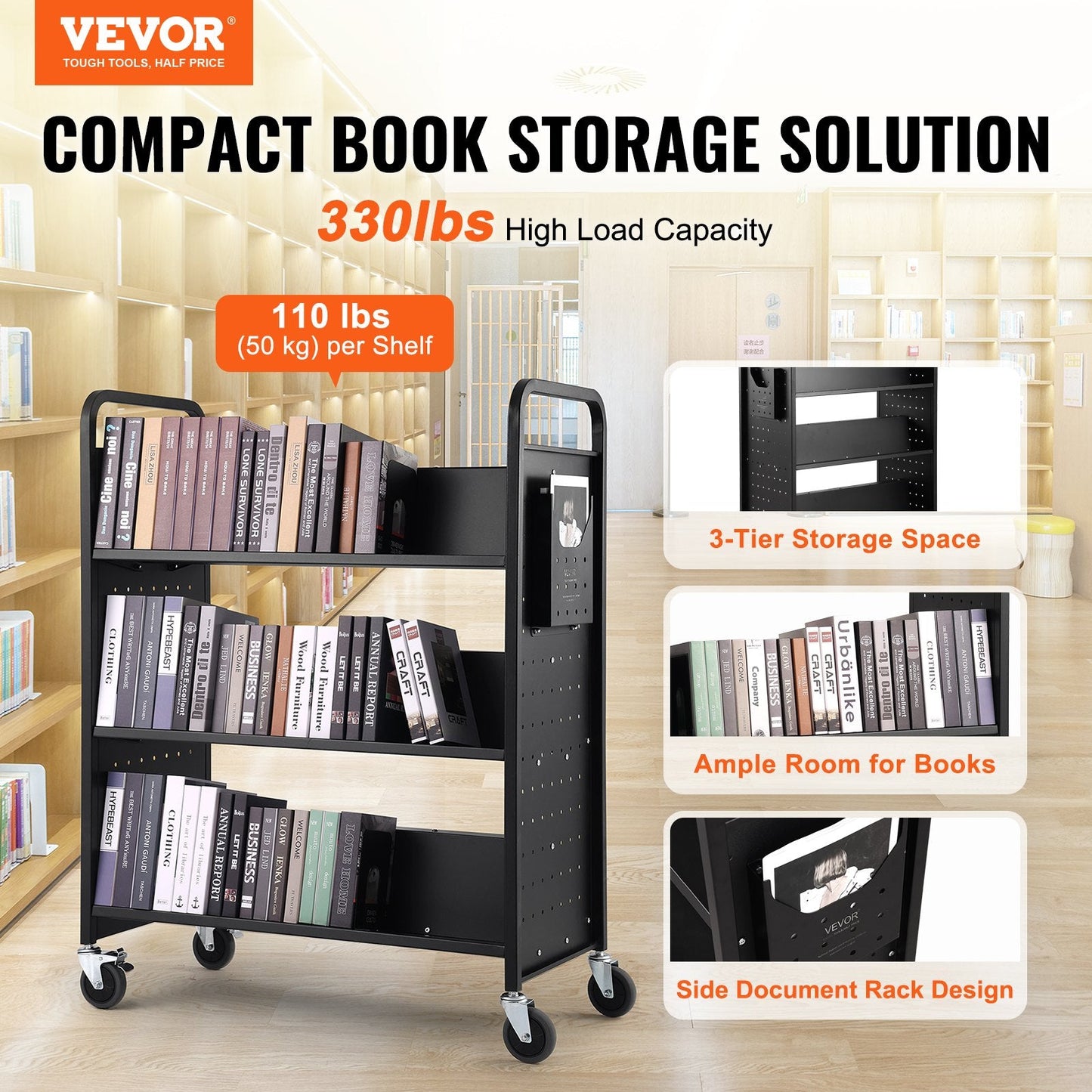 Rolling Library Cart with W-Shaped Shelves, 150 kg Capacity, 1 x 0.5 x 1.25 m