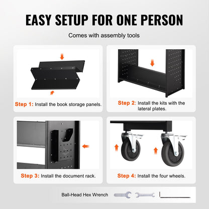 Rolling Library Cart with W-Shaped Shelves, 150 kg Capacity, 1 x 0.5 x 1.25 m