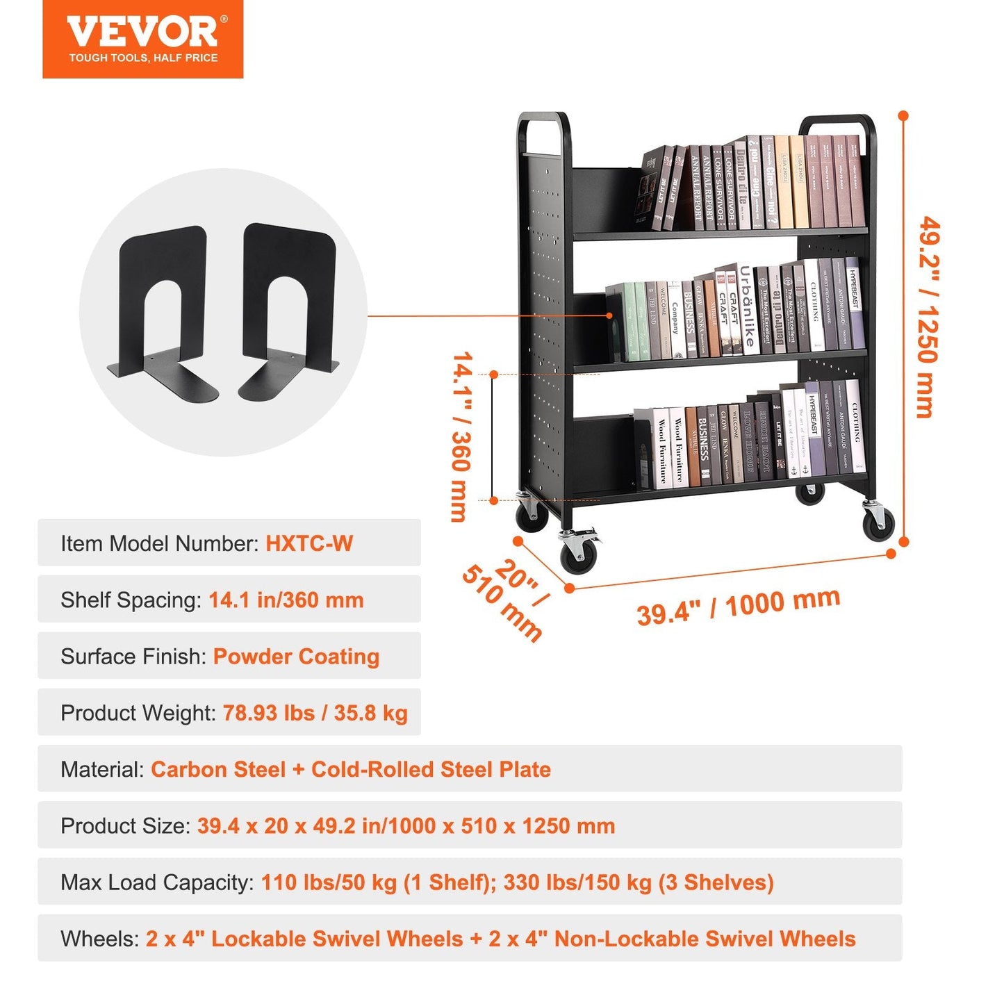 Rolling Library Cart with W-Shaped Shelves, 150 kg Capacity, 1 x 0.5 x 1.25 m
