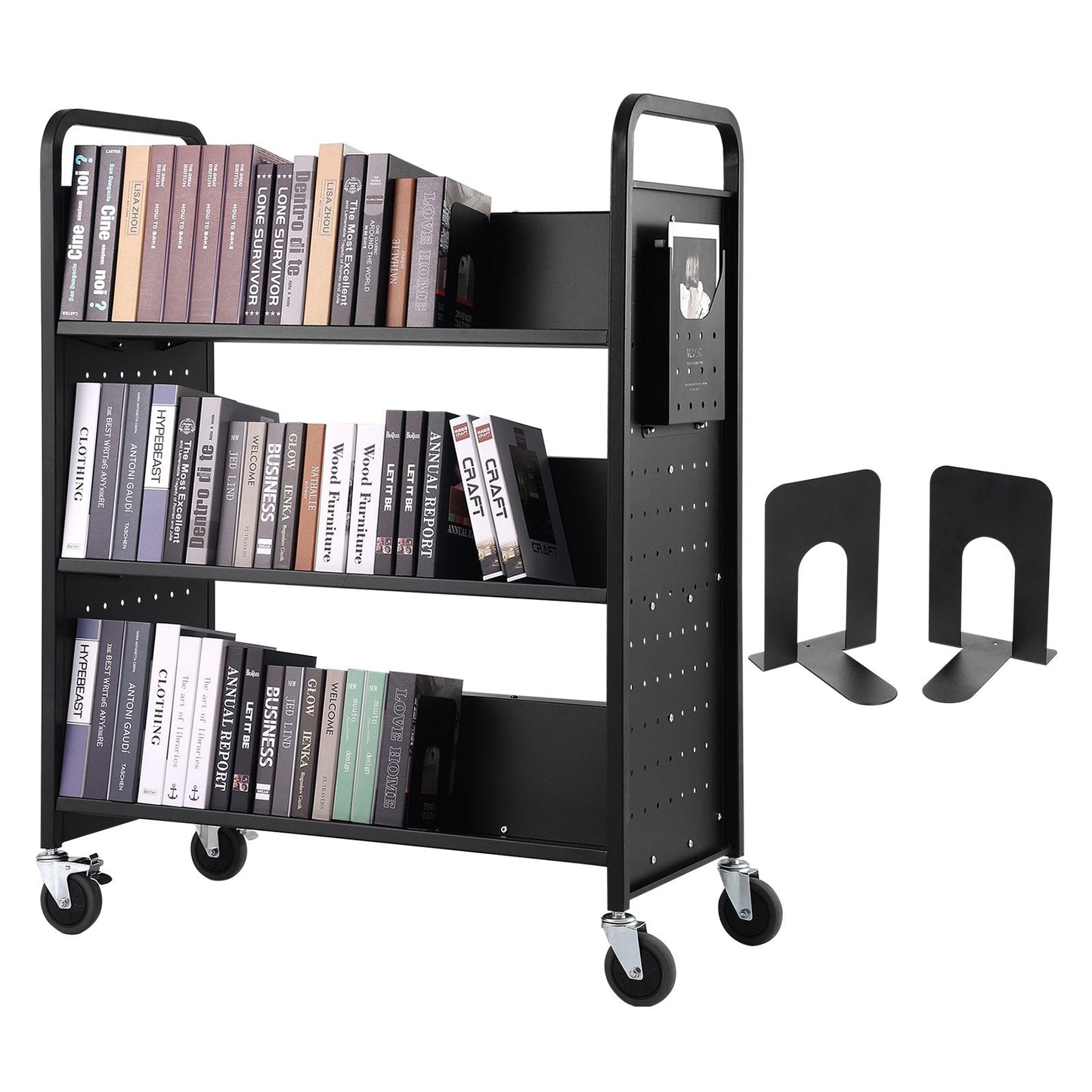 Rolling Library Cart with W-Shaped Shelves, 150 kg Capacity, 1 x 0.5 x 1.25 m