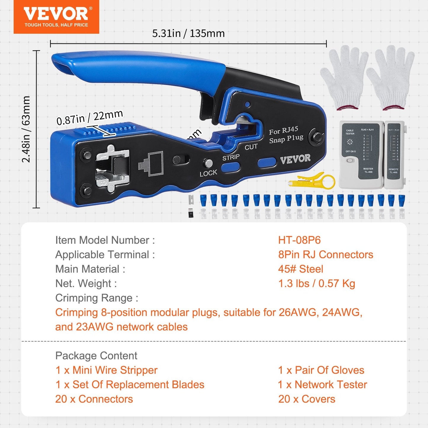 RJ45 Crimp Tool Kit, Ethernet Crimper with Pass-Through Connectors & Tester