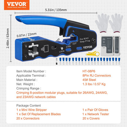 RJ45 Crimp Tool Kit, Ethernet Crimper with Pass-Through Connectors & Tester