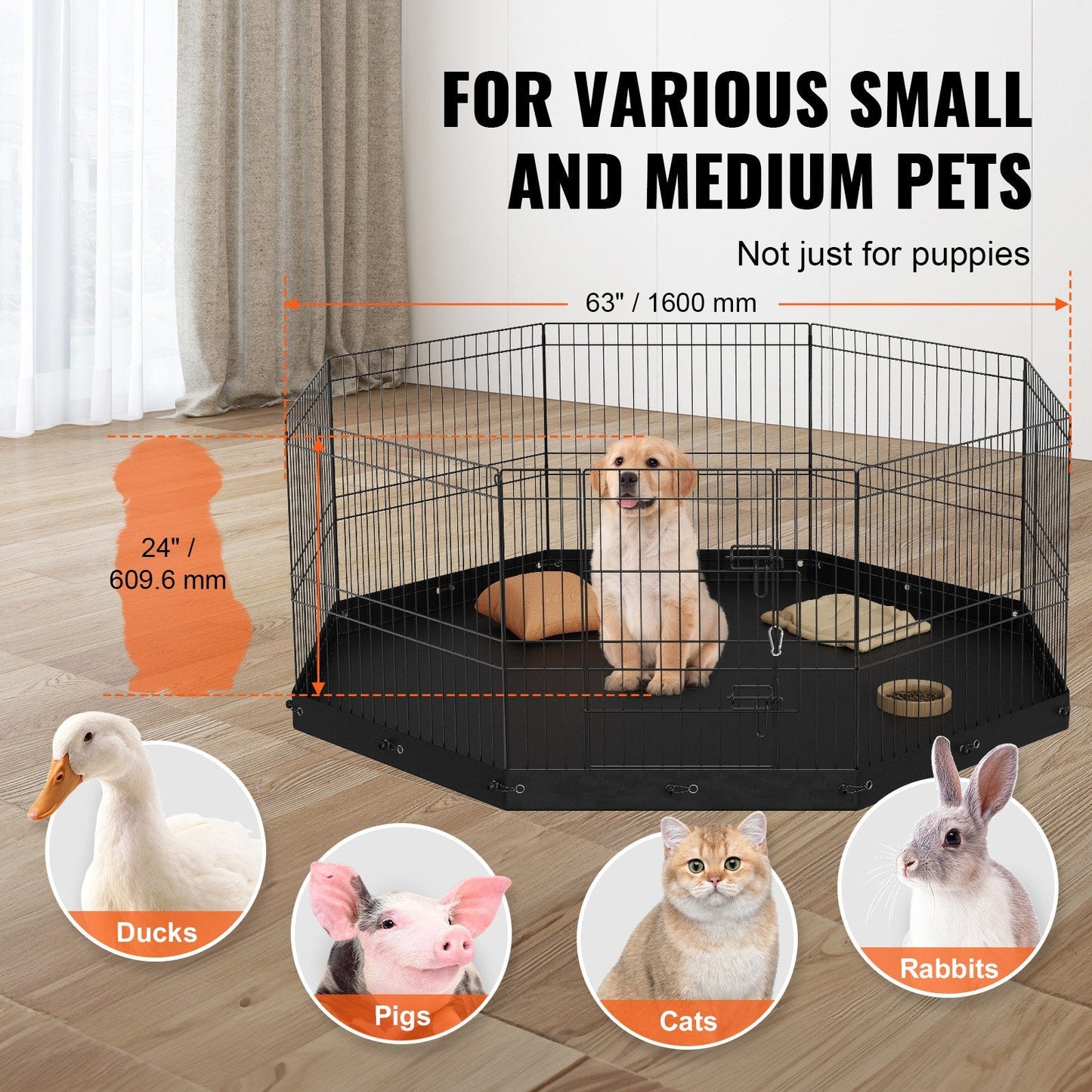Foldable Metal Dog Playpen with Mat, 8 Panels, 0.6m High for Small/Medium Pets