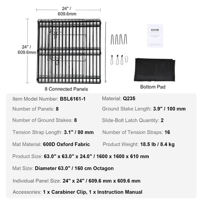 VEVOR Dog Playpen, 8 Panels Foldable Metal Dog Exercise Pen with Bottom Pad, 24"
