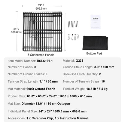 Foldable Metal Dog Playpen with Mat, 8 Panels, 0.6m High for Small/Medium Pets