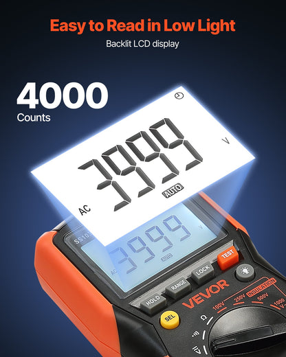 Digital Multimeter, 4000-Count TRMS Voltmeter Ohmmeter, 1000V AC/DC Voltage Tester with Switchable Auto/Manual Range for Voltage, Resistance, and Continuity Measurment