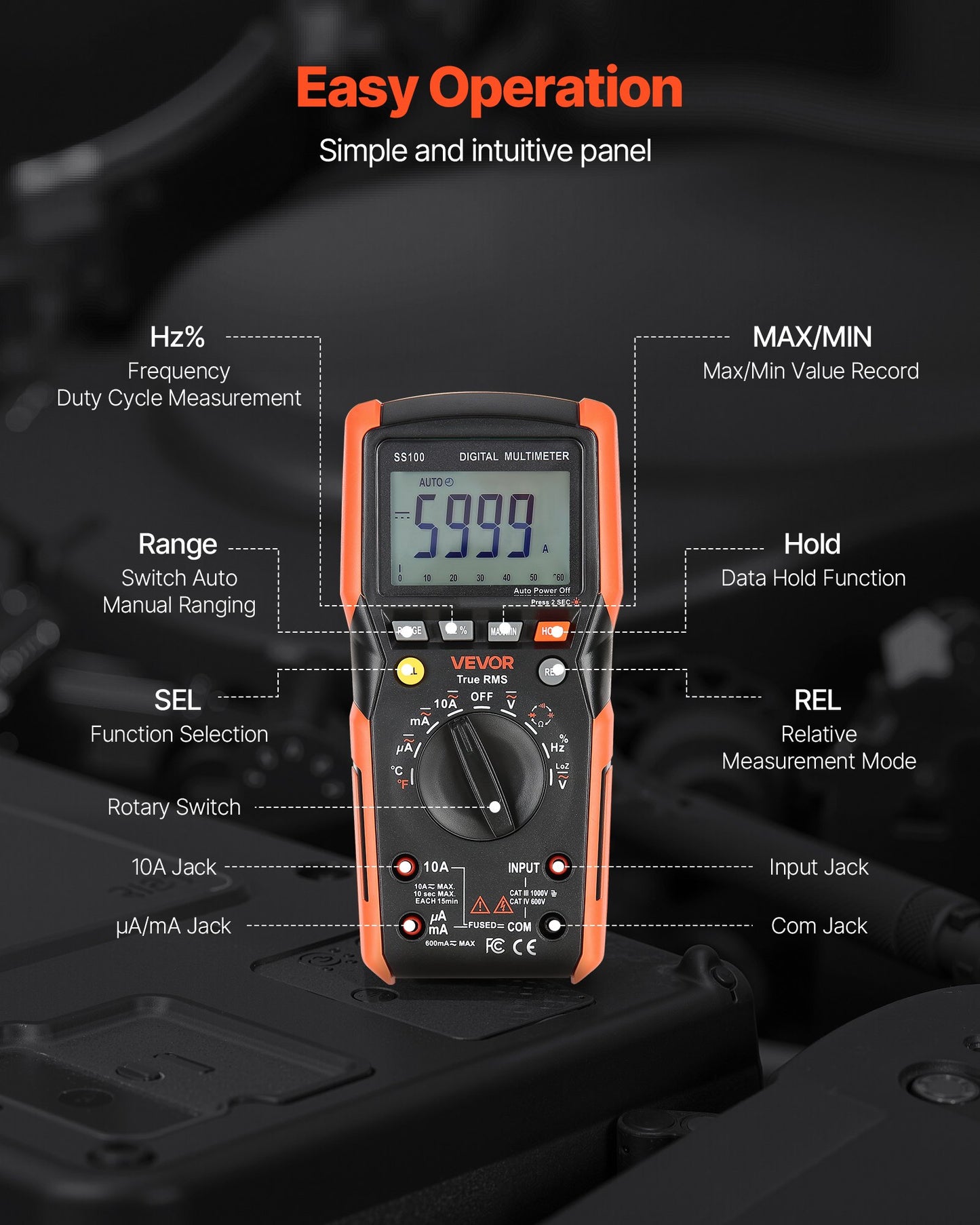 Digital Multimeter, 6000-Count TRMS DC/AC Voltmeter Current Tester, Auto-Ranging Multimeter for Current Voltage Resistance Capacitance Temperature Diodes Continuity Low Impedance Measurment