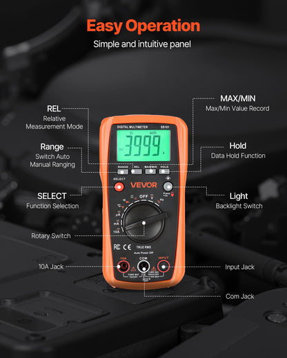 Digital Multimeter, 4000-Count TRMS DC/AC Voltmeter Current Tester, Auto-Ranging Multimeter for Current Voltage Resistance Capacitance Temperature Diodes Continuity Duty-Cycle Measurments