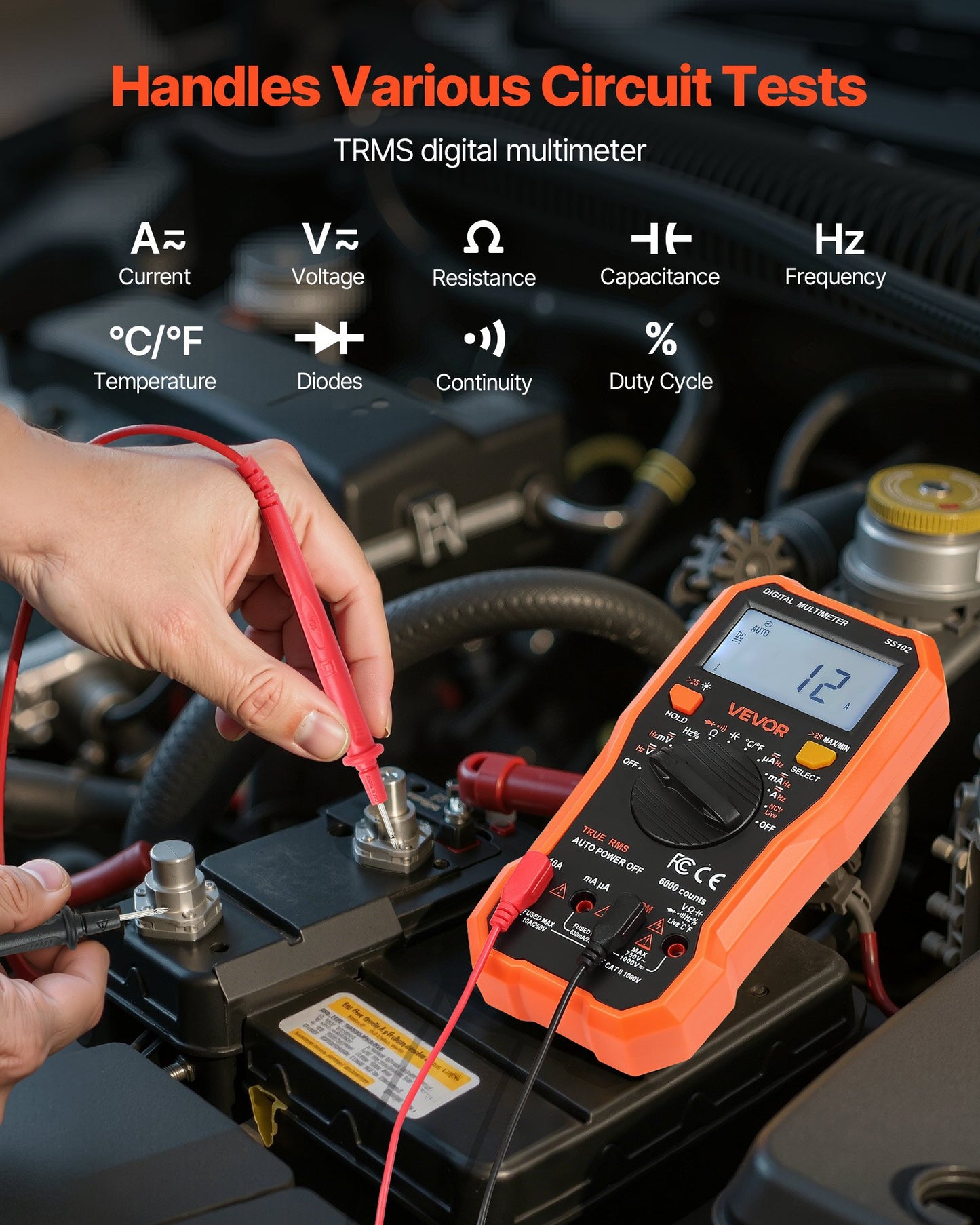 Digital Multimeter, 6000-Count TRMS DC/AC Voltmeter Current Tester, Professional NCV Multimeter for Current Voltage Resistance Capacitance Duty-Cycle Tempetature Diodes Continuity Live Wire Test
