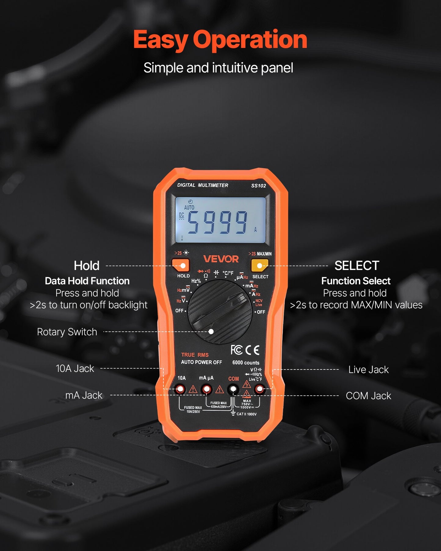 Digital Multimeter, 6000-Count TRMS DC/AC Voltmeter Current Tester, Professional NCV Multimeter for Current Voltage Resistance Capacitance Duty-Cycle Tempetature Diodes Continuity Live Wire Test