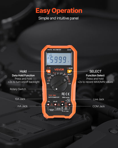 Digital Multimeter, 6000-Count TRMS DC/AC Voltmeter Current Tester, Professional NCV Multimeter for Current Voltage Resistance Capacitance Duty-Cycle Tempetature Diodes Continuity Live Wire Test
