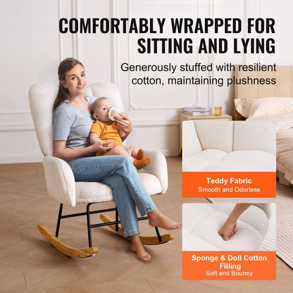Ivory Teddy Fabric Nursery Rocking Chair with Ergonomic Design, 113.4 kg Capacity