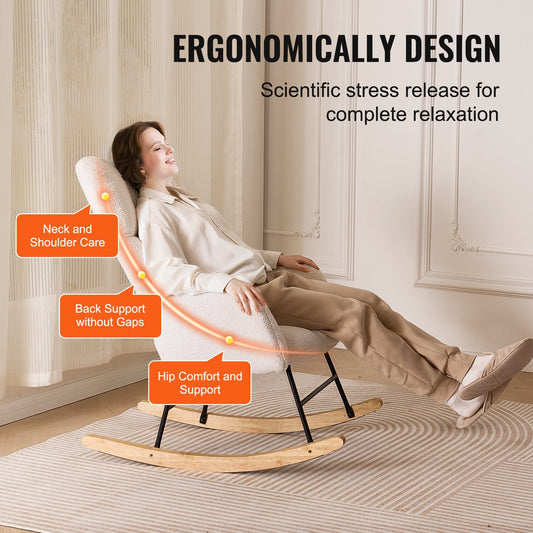 Ivory Teddy Fabric Nursery Rocking Chair with Ergonomic Design, 113.4 kg Capacity