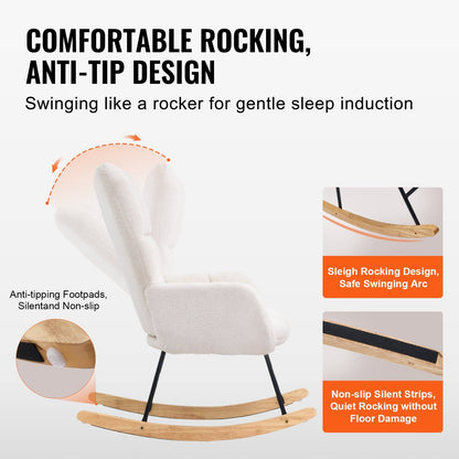 Ivory Teddy Fabric Nursery Rocking Chair with Ergonomic Design, 113.4 kg Capacity