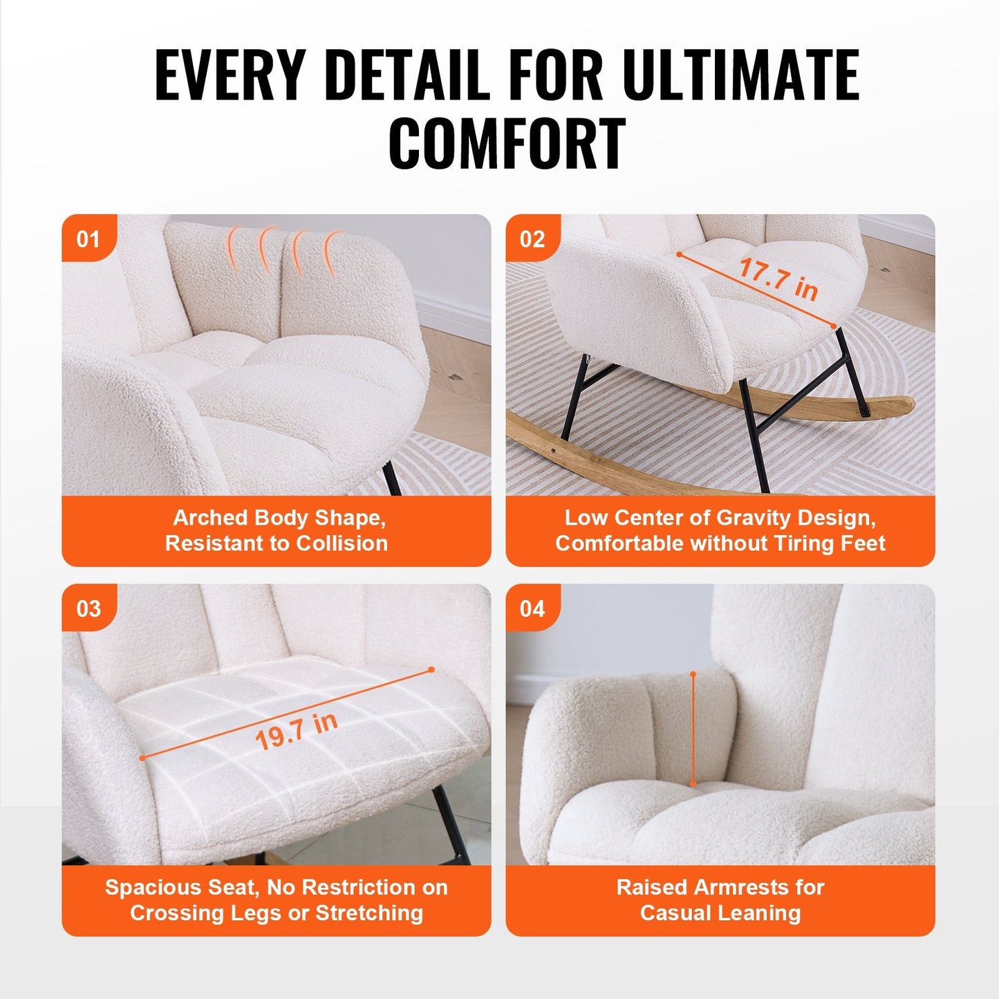 Ivory Teddy Fabric Nursery Rocking Chair with Ergonomic Design, 113.4 kg Capacity