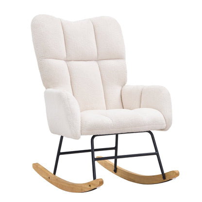 Ivory Teddy Fabric Nursery Rocking Chair with Ergonomic Design, 113.4 kg Capacity