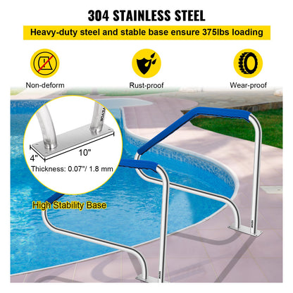 VEVOR Swimming Pool Handrail Ladder Handrail Stainless Steel Rail w/ Base Plate