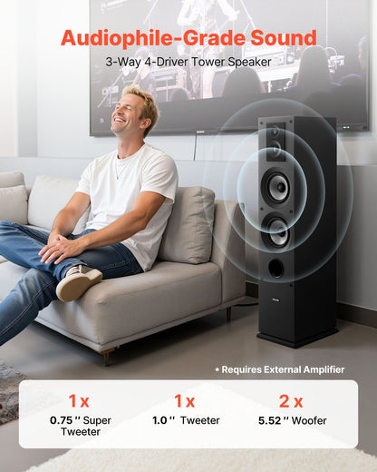 Floorstanding Speaker, 3-Way, Floor-Standing Tower Speaker with 19.05 mm&25.4 mm Tweeter, Dual 133.35 mm Woofers, 145W Peak, 70Hz–20kHz Frequency Response, MDF Enclosure, for Home Audio, Single