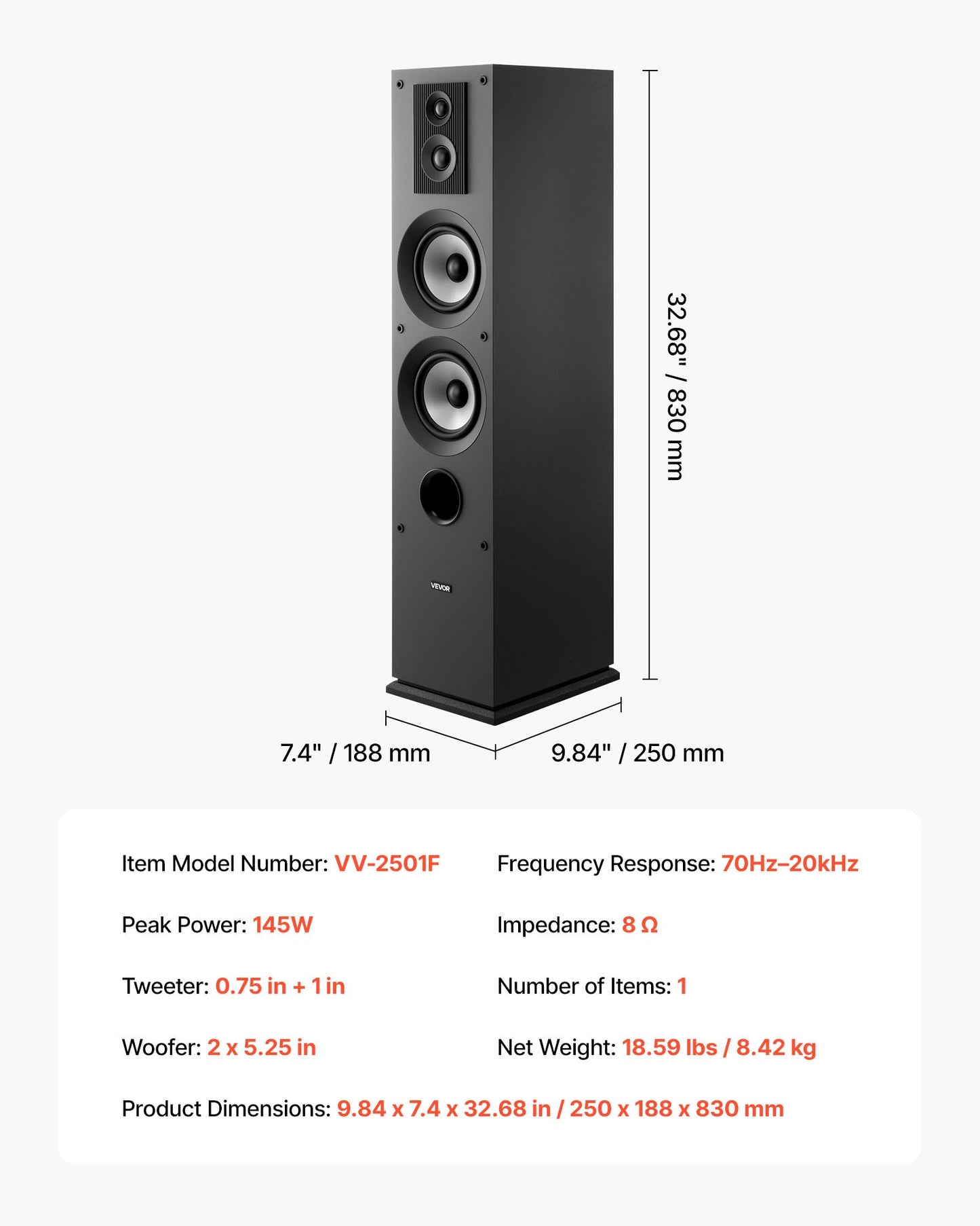 Floorstanding Speaker, 3-Way, Floor-Standing Tower Speaker with 19.05 mm&25.4 mm Tweeter, Dual 133.35 mm Woofers, 145W Peak, 70Hz–20kHz Frequency Response, MDF Enclosure, for Home Audio, Single